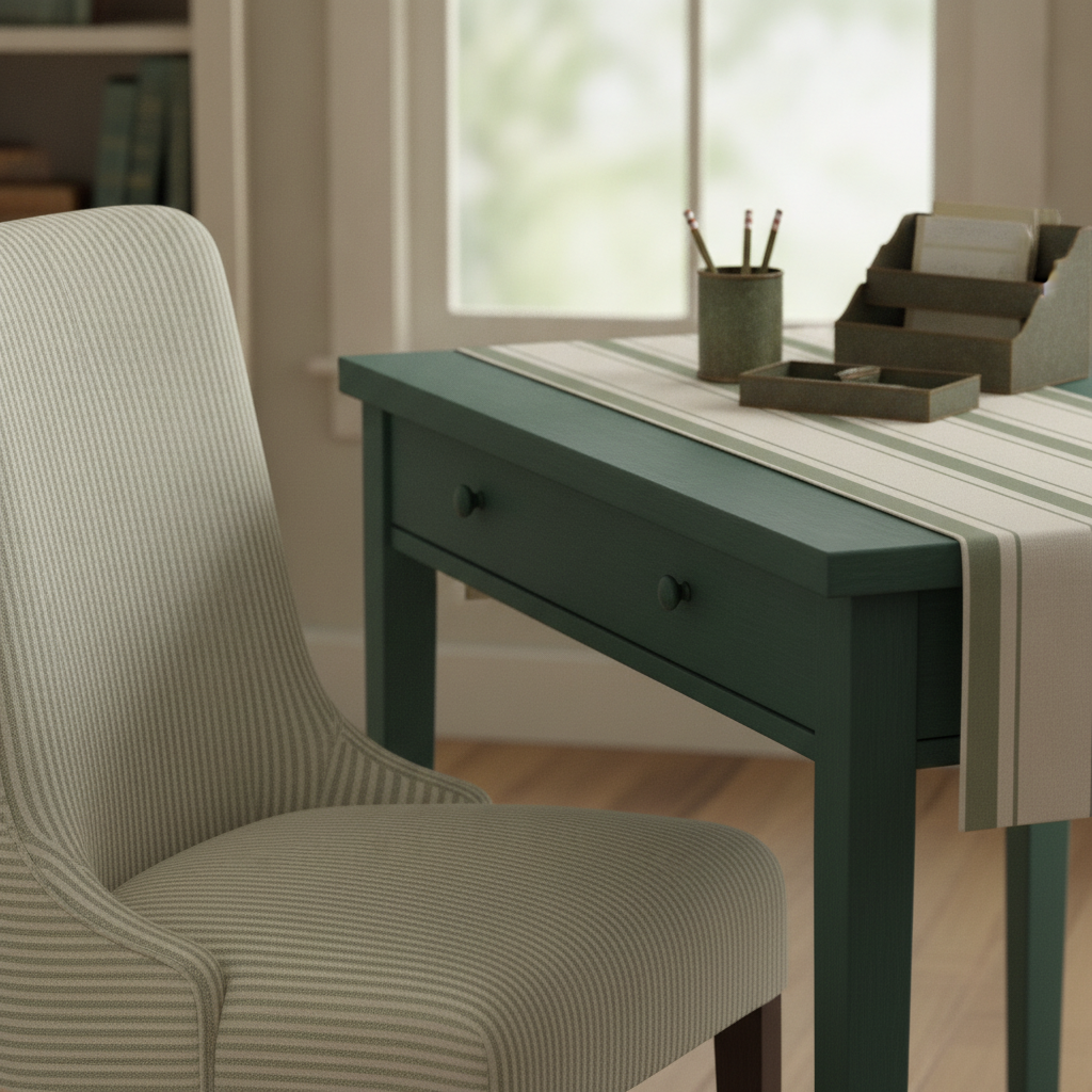 Detail of a vintage green home office desk, featuring a pinstripe upholstered chair, a ticking stripe desk runner, and antique bronze accessories.
