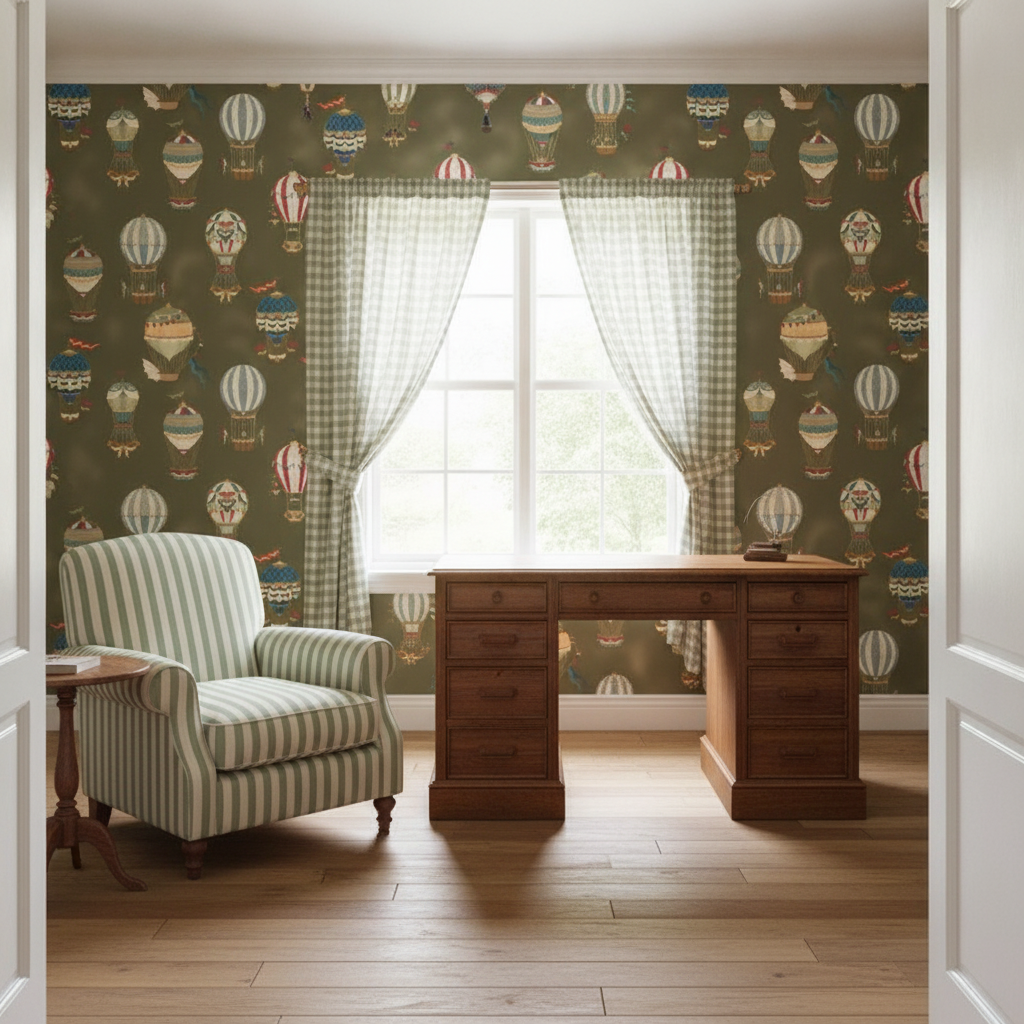Wide shot of a vintage green home office with gingham cafe curtains, hot air balloon wallpaper feature wall, wooden desk, and upholstered armchair.