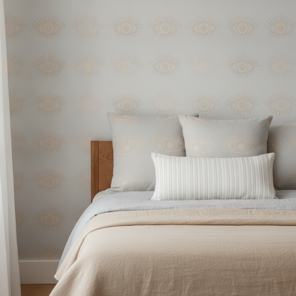 A child's bed with a feature wall papered in 'Mystical Eye Symbol in Warm Beige and Light Dove Grey Narrow Spaced', featuring matching fabric cushions.
