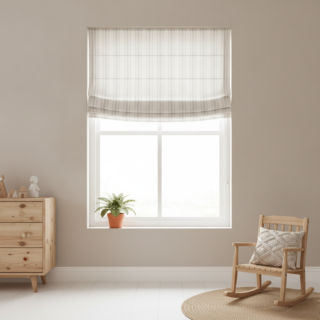 A Roman blind crafted from 'Warm Beige Thin Ticking Stripes on Light Dove Grey' fabric covering a window in a bohemian kids' room.
