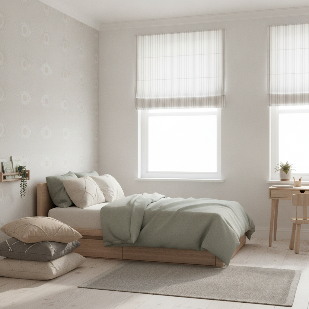 A wide view of a bohemian grey and beige kids' room, showcasing patterned wallpaper, fabric blinds, and a cozy reading nook.