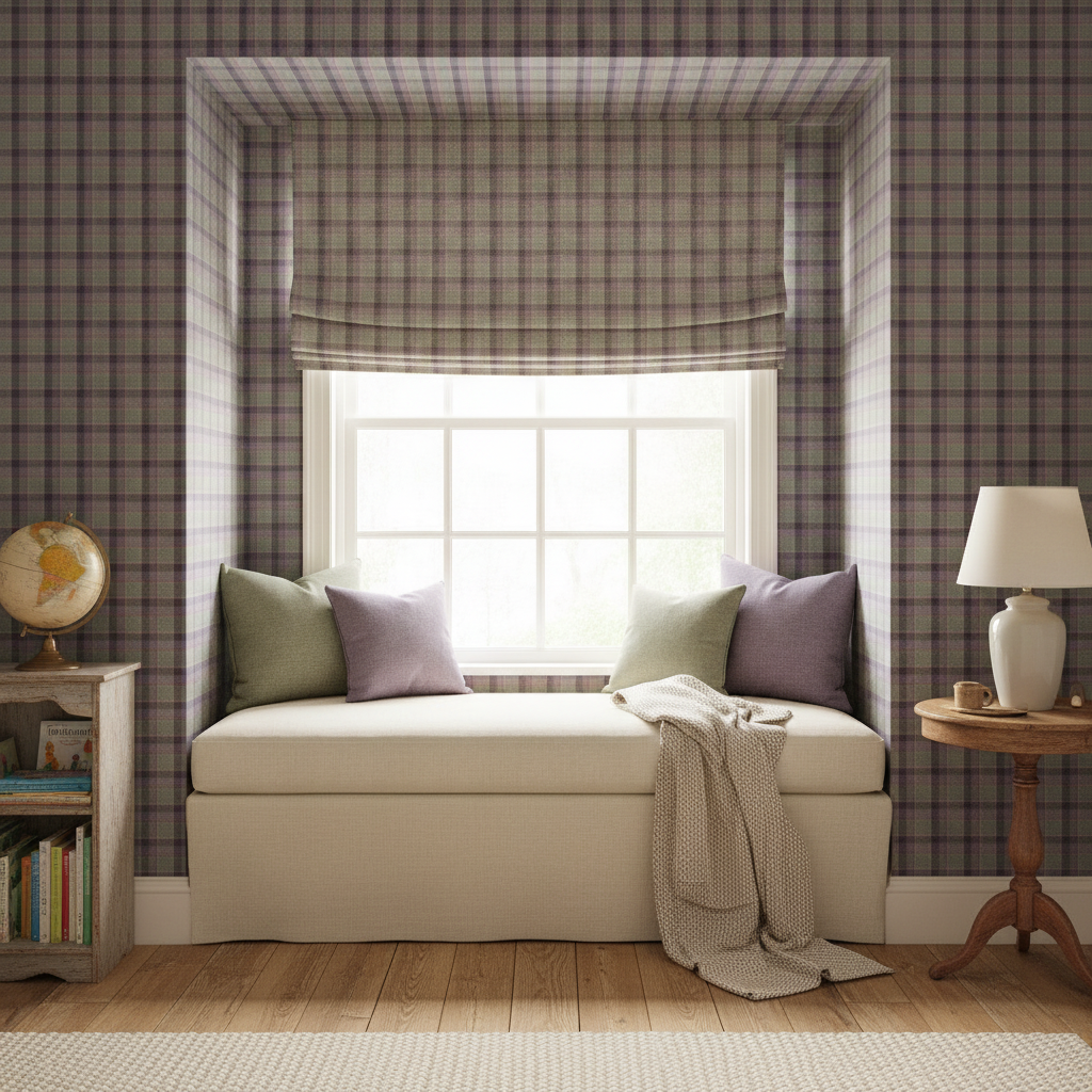 A window alcove in a traditional green kids' room features walls papered in Fraser Weathered Wool Scottish Tartan, complementing a Roman blind made from the same tartan fabric.