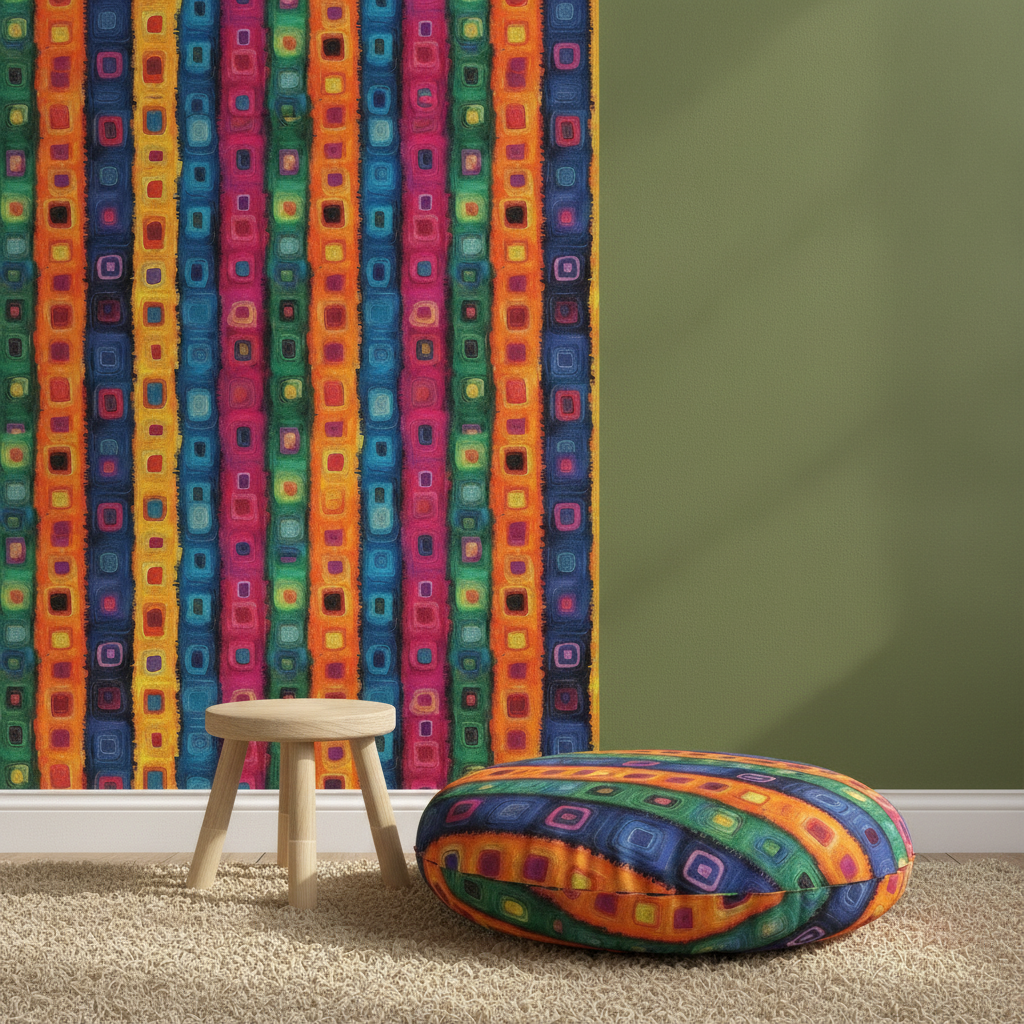 A vibrant accent wall in a child's room is covered in Dashiki Fusion Colorful Squares Green Orange Blue and Pink wallpaper, with a matching Dashiki Fusion fabric floor cushion nearby.