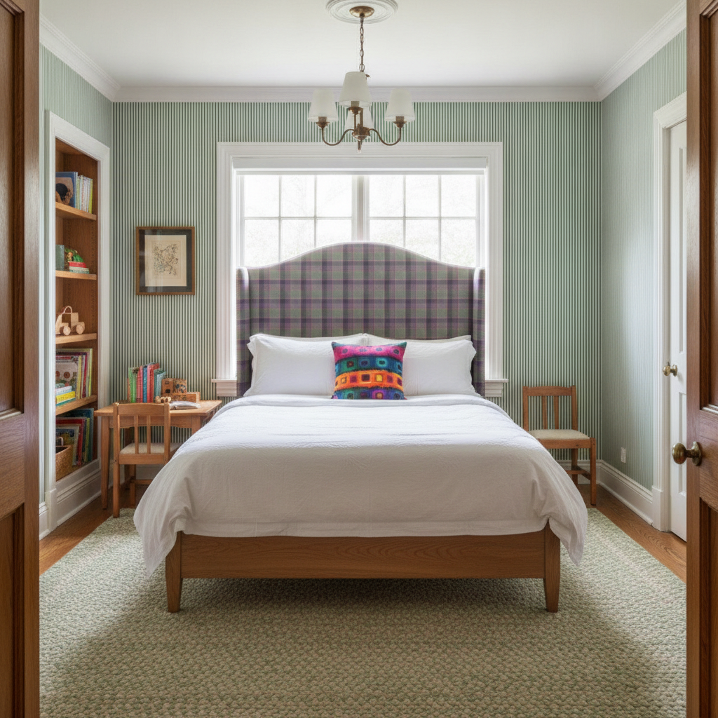 A comprehensive view of a traditional green kids' room, displaying pinstripe wallpaper, a tartan upholstered headboard, and a classic metal light fixture.