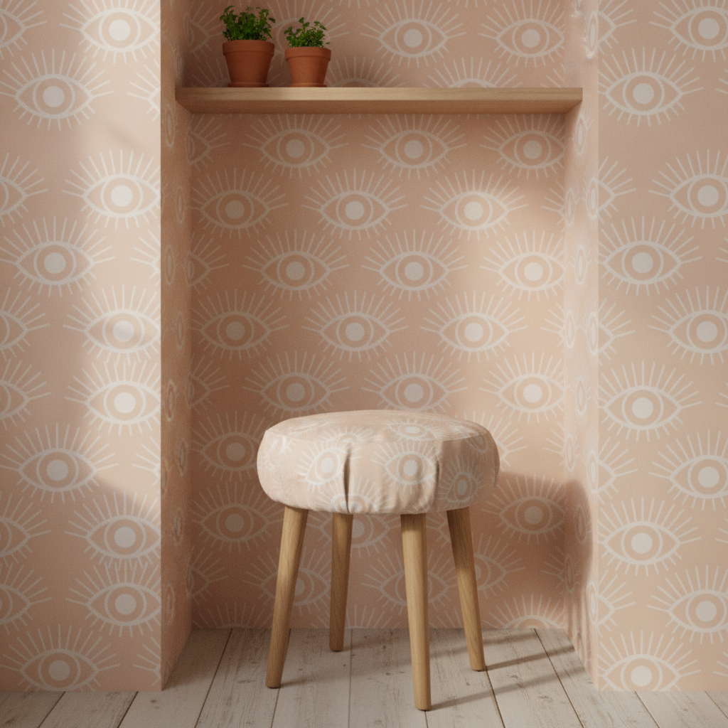A kitchen alcove featuring tightly spaced mystical eye symbol wallpaper in muted clay pink and cloud grey, with a small upholstered stool in the matching fabric placed in front.