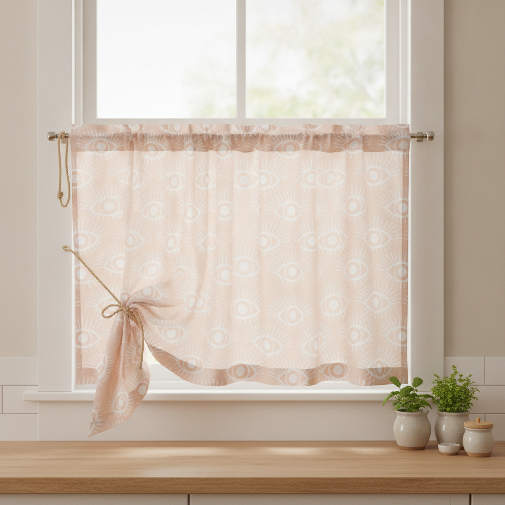 A kitchen window adorned with a cafe curtain in spaced mystical eye symbols fabric, in muted clay pink and cloud grey, tied neatly to one side, letting in soft daylight.
