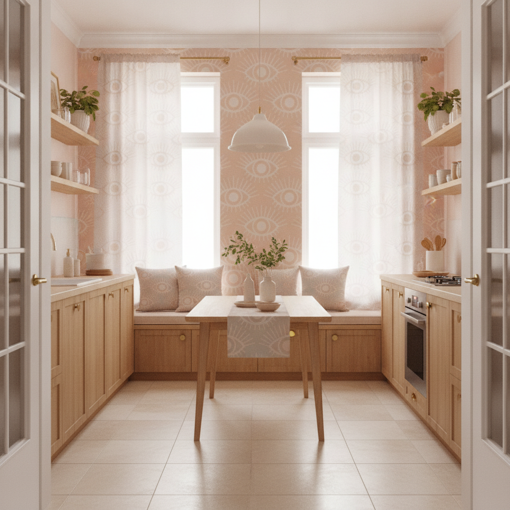 A wide view of a cozy bohemian kitchen with soft pink walls, light wood elements, and textiles with mystical eye patterns, bathed in natural light from a large window.