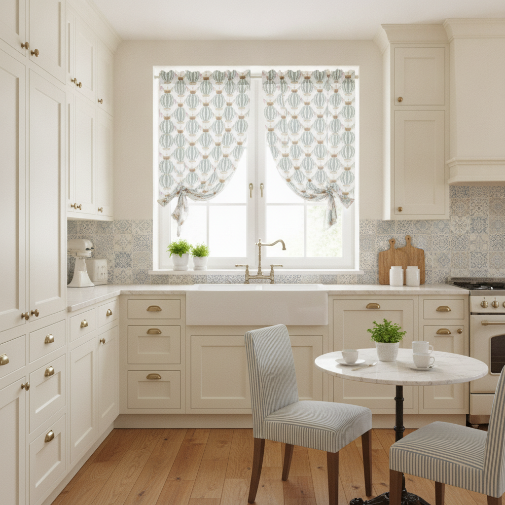 Vintage kitchen with blue striped hot air balloon cafe curtains, creamy off-white walls, and aged brass hardware on cabinets.
