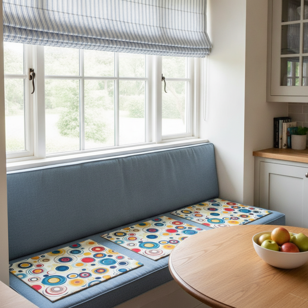 Kitchen banquette upholstered in soft denim blue, with retro blue and yellow circle placemats, and a window featuring a blue ticking stripe roman blind.