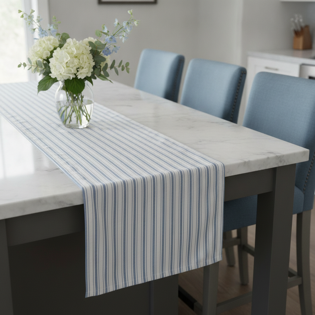 Kitchen island with a blue ticking stripe fabric runner, fresh flowers, and soft denim blue bar stools in the background.
