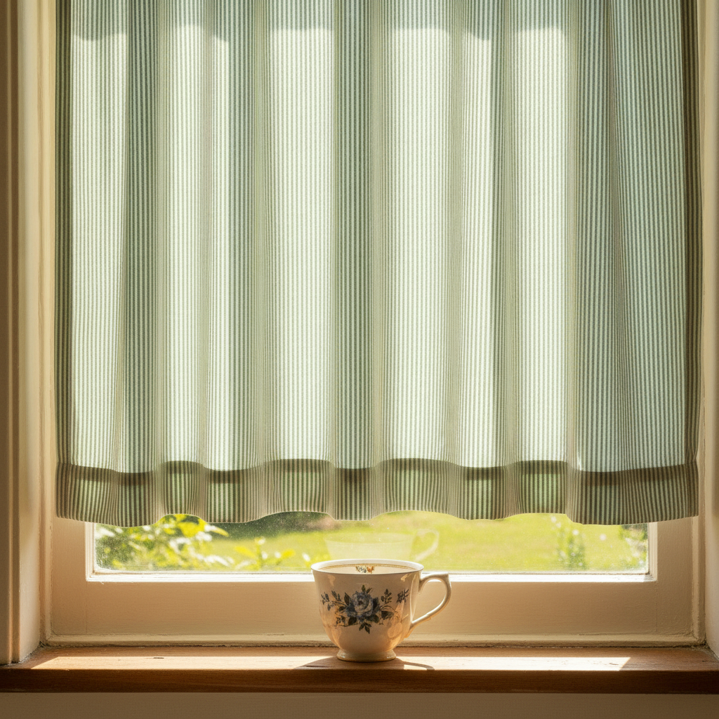 Close-up of a kitchen window with a cafe curtain in green and white pinstriped fabric, showing a vintage teacup catching sunlight on the sill.