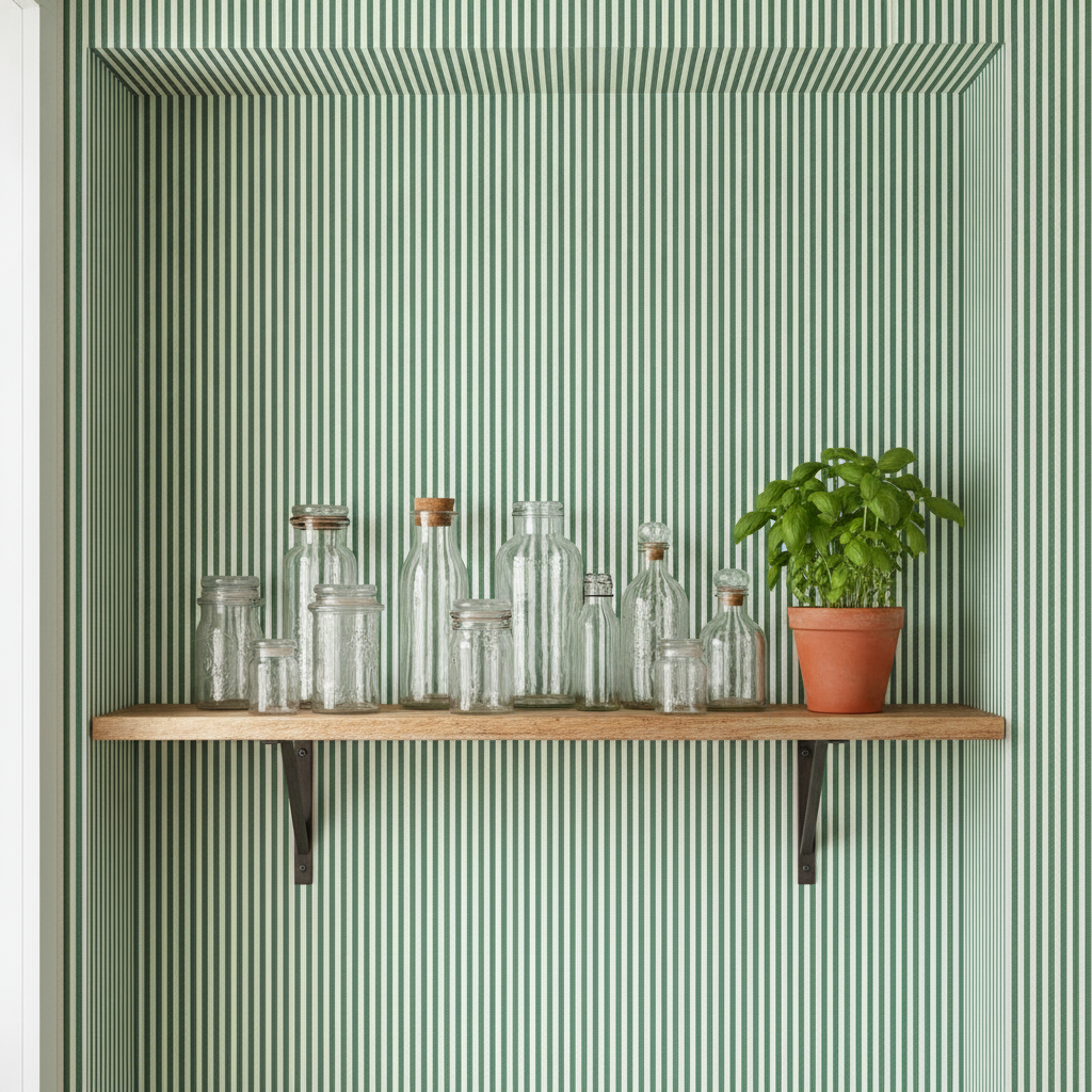 Detailed shot of a kitchen alcove wall covered in green and white pinstriped wallpaper, adorned with a wooden shelf holding vintage glass jars and a small green plant.