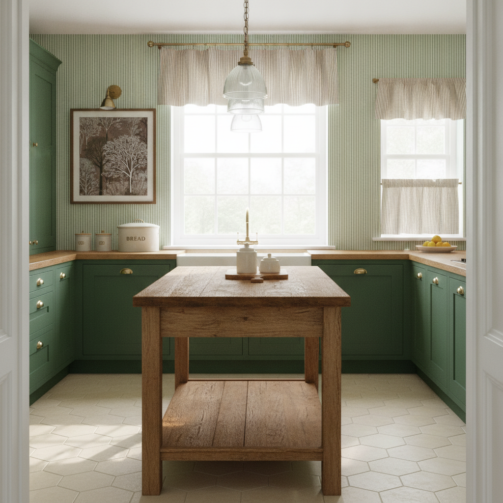 A full view of a vintage kitchen, featuring deep forest green cabinets, a wooden island, a window with a green and white striped cafe curtain, and a wall displaying matching pinstriped wallpaper under warm lighting.