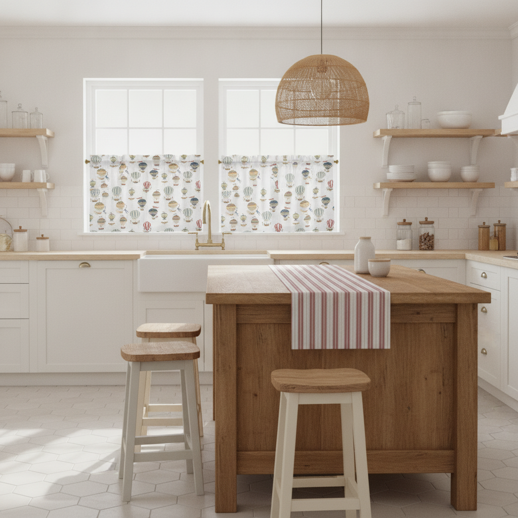 A charming vintage white kitchen featuring light blue and white patterned hot air balloon café curtains, a white wooden island with a red and white ticking stripe runner, and a white subway tile backsplash.