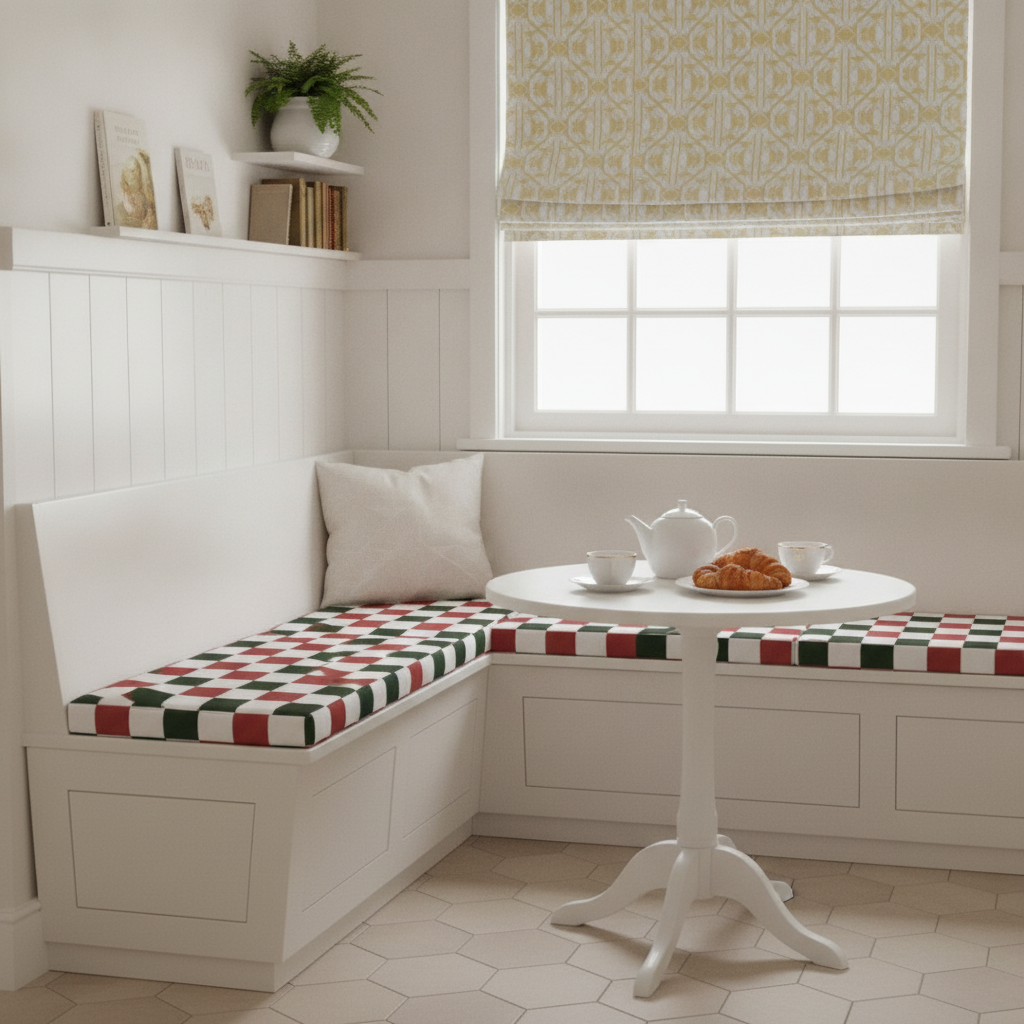 A bright vintage white kitchen breakfast nook with built-in bench seating, upholstered in a cranberry and green checkered fabric, and a window above with a white and gold geometric patterned Roman blind.