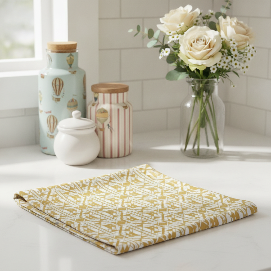 A close-up of a white kitchen counter with a folded white and gold geometric patterned tea towel, vintage white ceramic jars, and a glass vase with fresh white flowers.