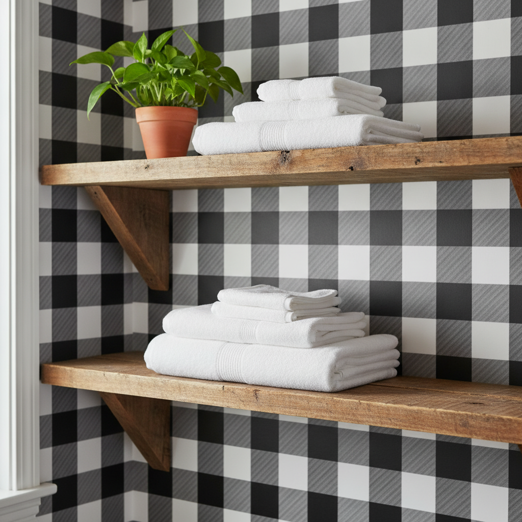 A close-up of a laundry room wall covered in black and white buffalo check wallpaper, with open wooden shelves displaying white towels and a small green plant.