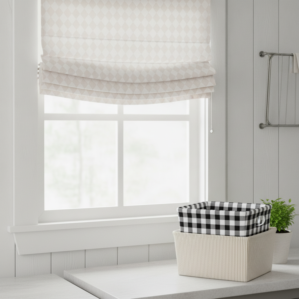 A detailed image of a window in a laundry room, featuring a white diamond harlequin check patterned Roman blind, with laundry baskets visible on the counter beneath.