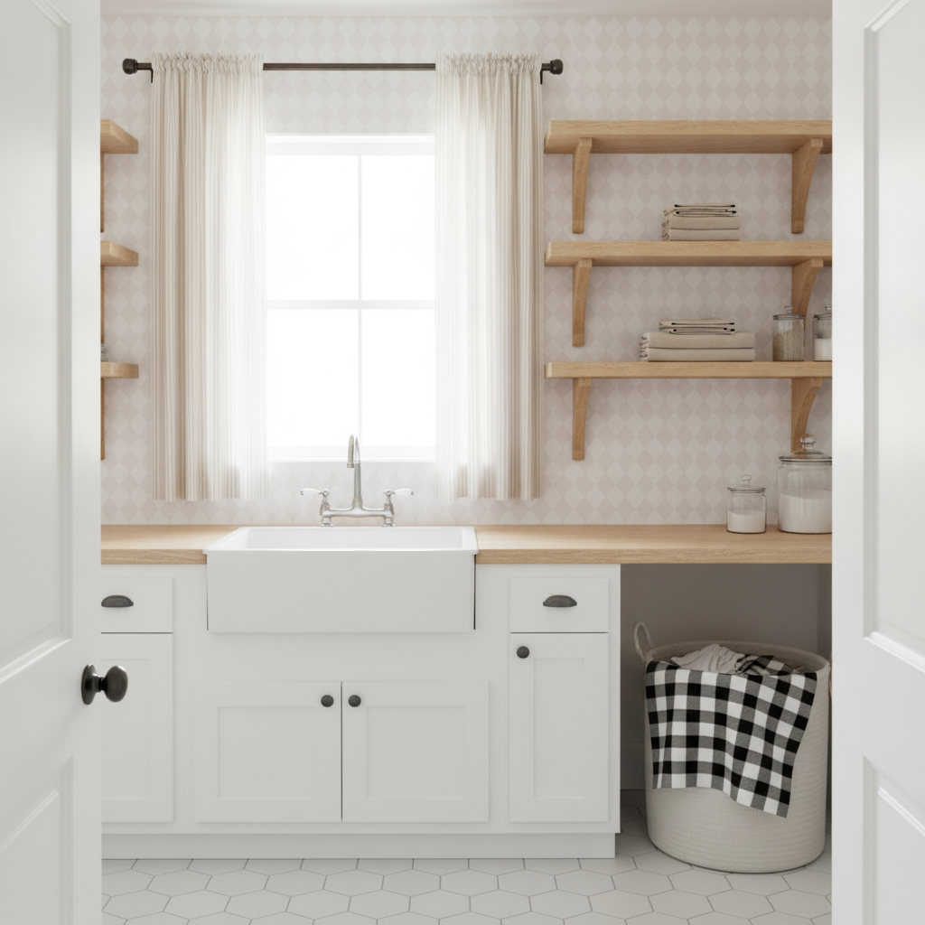 A full view of a rustic white laundry room, showing a wooden countertop with a sink, open shelving, patterned wallpaper, and coordinating fabric elements, all bathed in natural light.