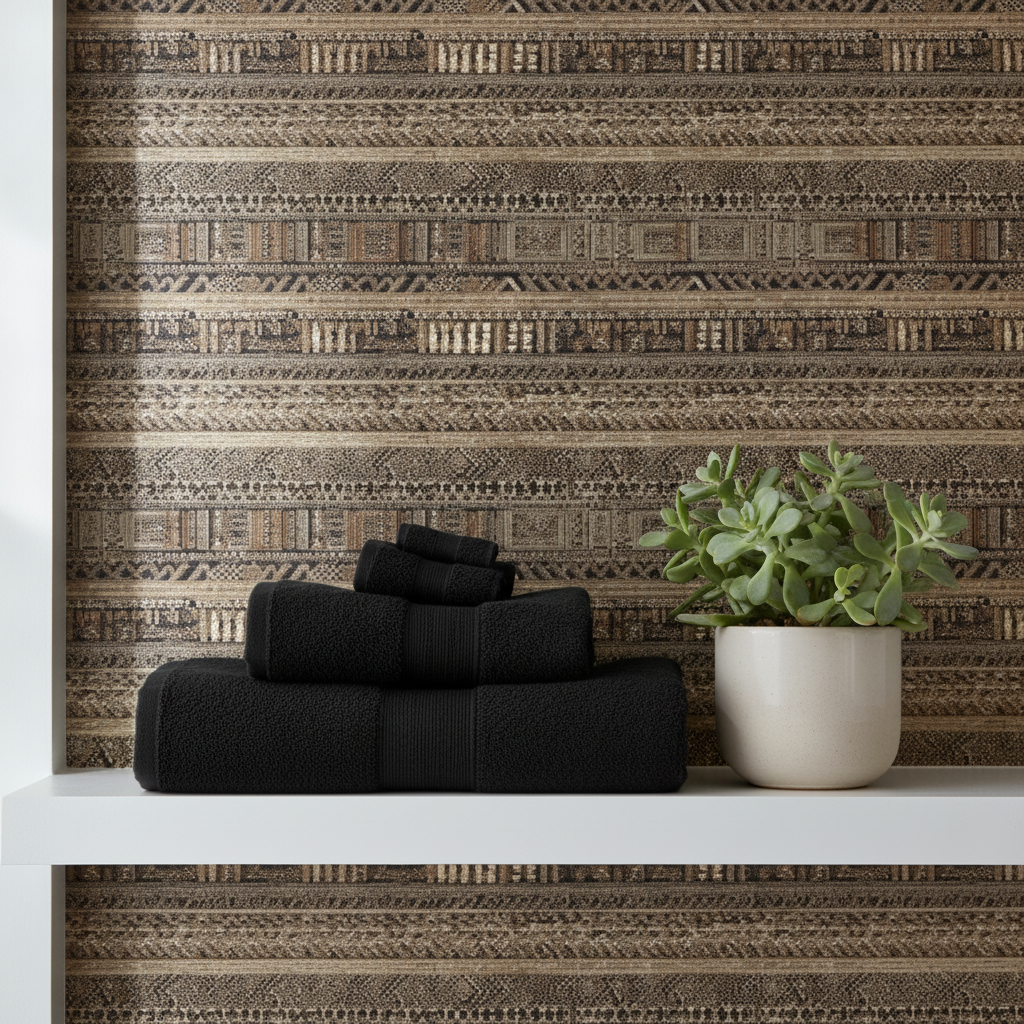 Close-up of a laundry room wall with "Tribal Mudcloth Boho Ethnic Print in Black and Cream" wallpaper, featuring black and cream ethnic patterns, with a white shelf holding towels.