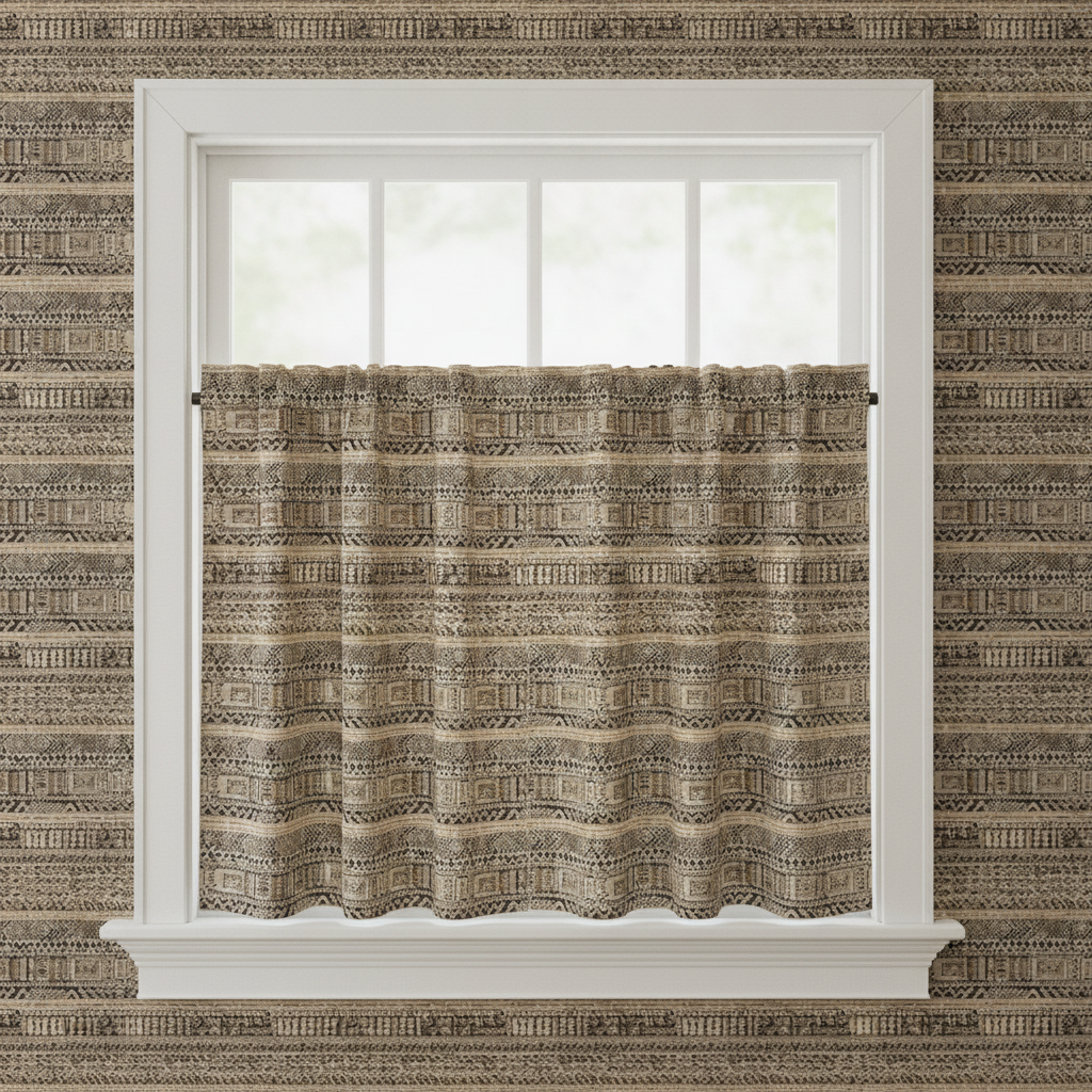 Laundry room window with a cafe curtain in "Tribal Mudcloth Boho Ethnic Print in Black and Cream" fabric, complementing the same pattern used as wallpaper on the surrounding wall, with white window trim.