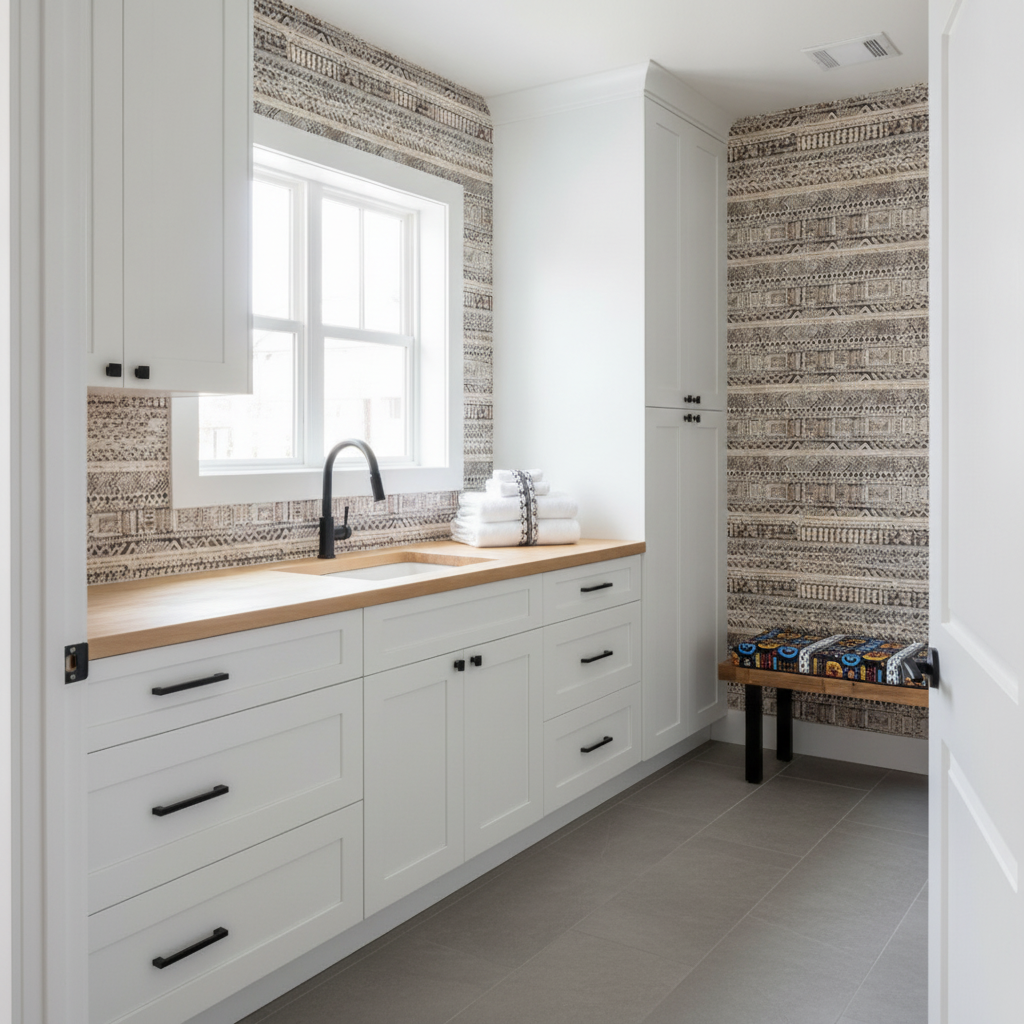 A stylish and organized tribal-inspired laundry room with black and white patterns, light wood counters, white cabinets, matte black hardware, and subtle color accents.