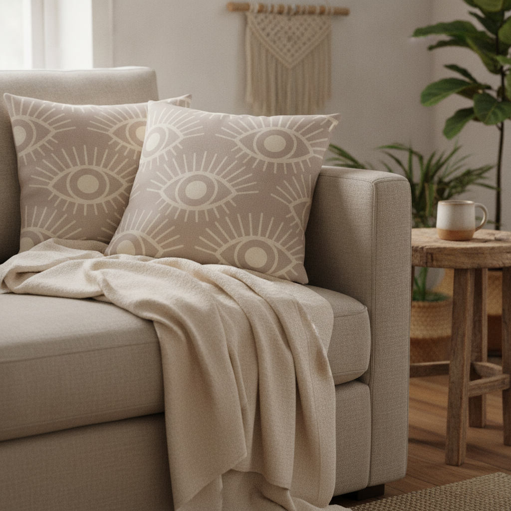 Cozy corner with linen sofa, mystical eye symbol cushions, and a cream throw, next to a wooden side table.