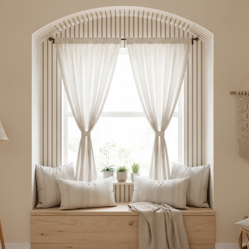 Window alcove with black and cream ticking stripe wallpaper and matching sheer curtains, a wooden window seat below.