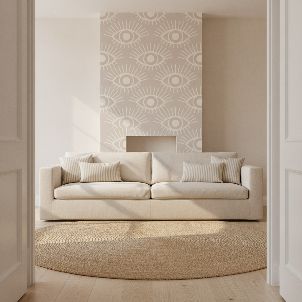 Wide view of a bright cream bohemian living room with a sofa, jute rug, subtle cream wallpaper, and mystical eye pattern on the chimney breast.