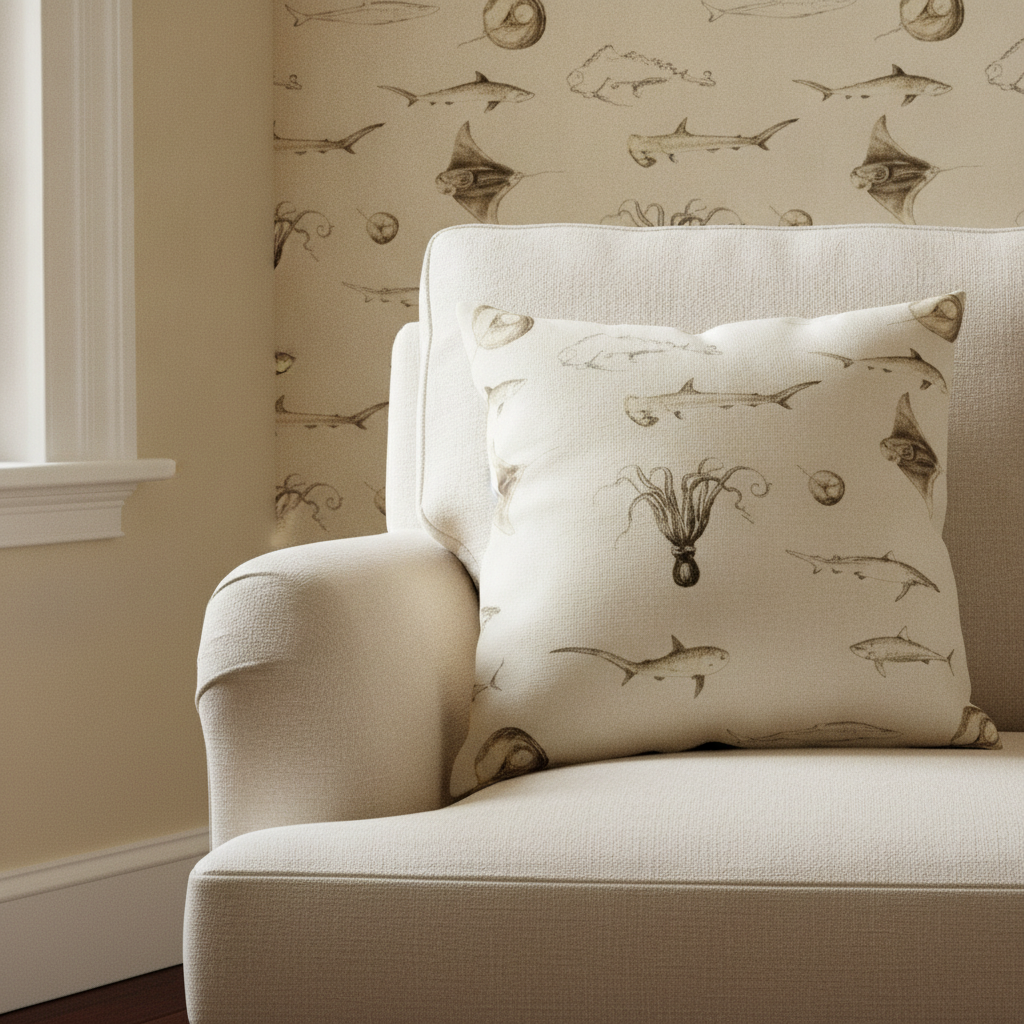 An armchair with a patterned cushion sits against an alcove wall decorated with vintage sepia sea creature wallpaper, creating a detailed and personal corner in a cream living room.