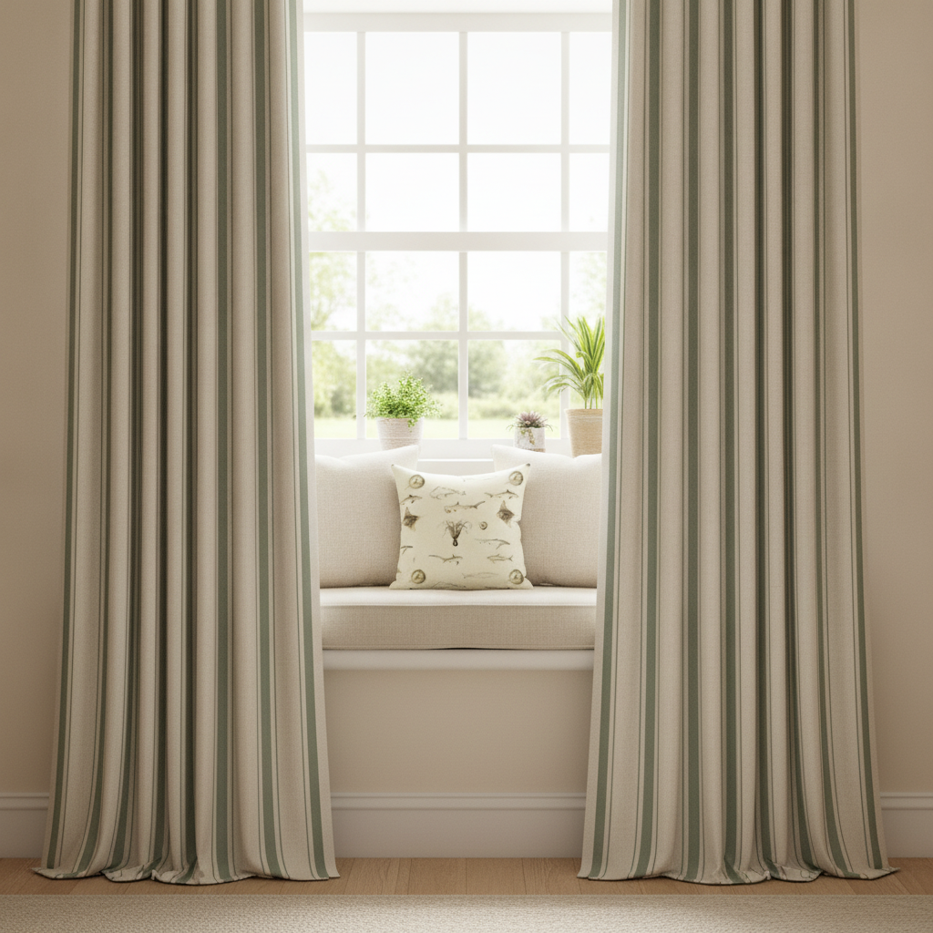 Close-up of a window with elegant fern green and cream ticking stripe curtains, showing light filtering through onto a cream upholstered window seat.