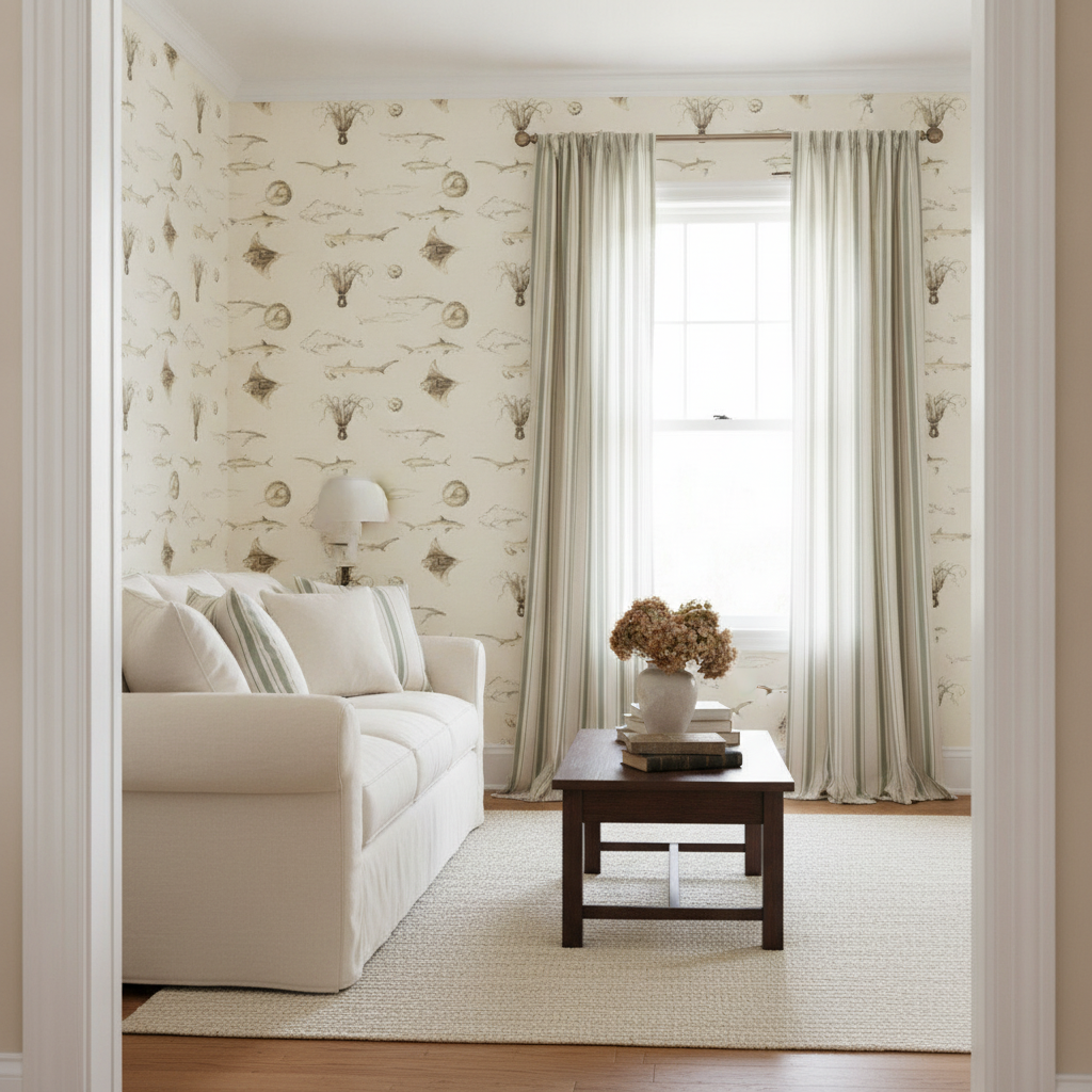 A full view of a warm and inviting vintage cream living room featuring a patterned feature wall, soft cream walls, striped curtains, and comfortable cream furniture, bathed in natural light.