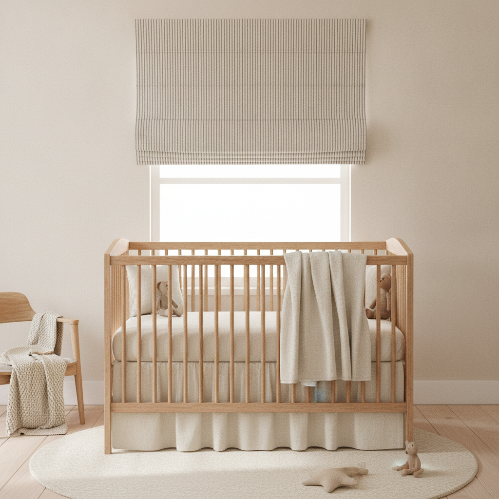 A cottagecore nursery with a simple wooden crib, a window with a Roman blind in cream and micro black ticking stripe, and warm off-white walls.