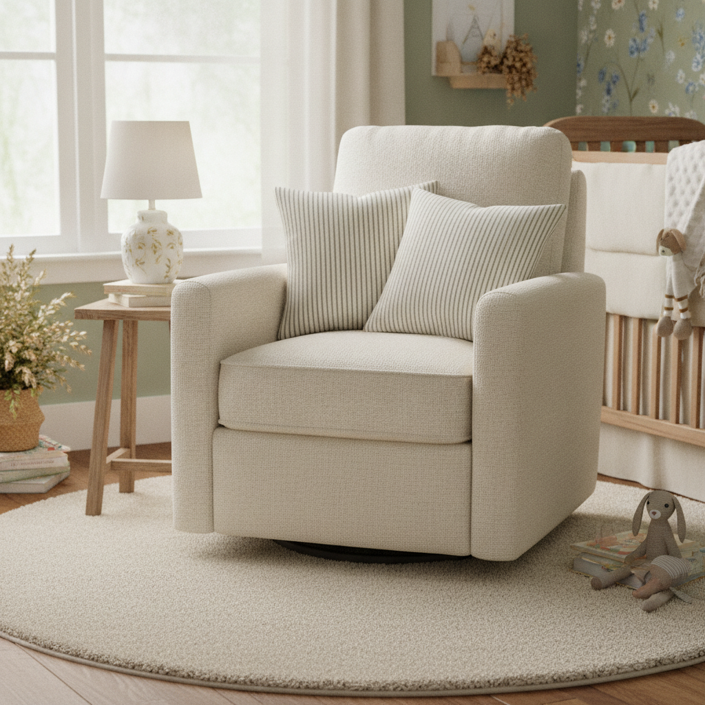 A cream glider armchair in a nursery, featuring two striped cushions made from cream and micro black ticking fabric, sitting on a fluffy cream rug.