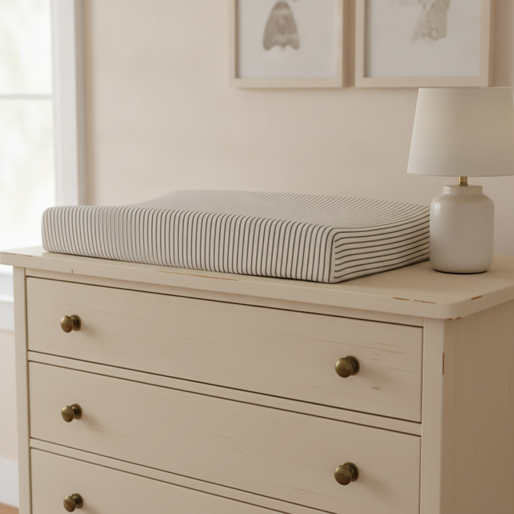 A cream-painted vintage dresser with aged brass pulls, a changing pad covered in cream and micro black ticking stripe fabric, and a small lamp.