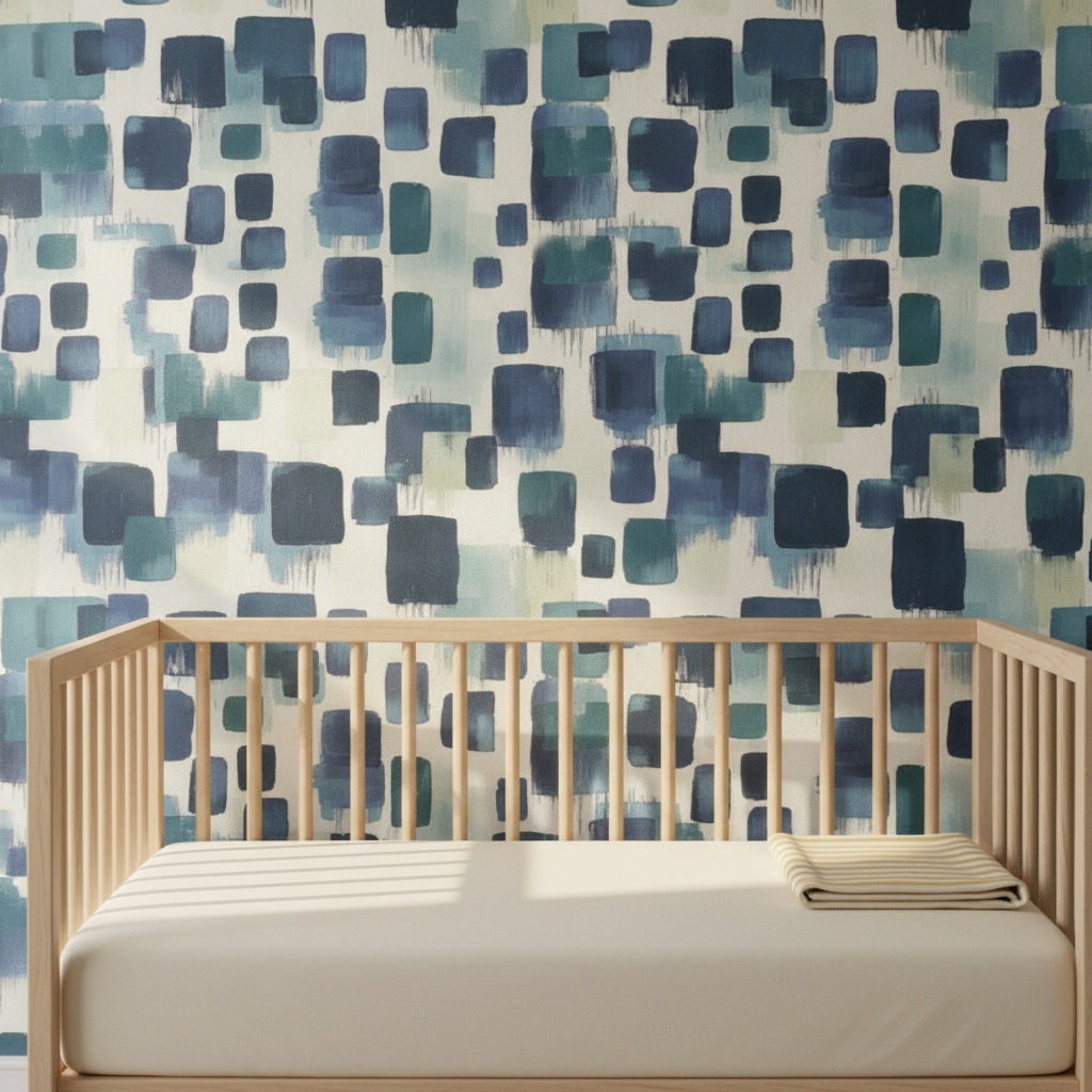 A section of a nursery wall adorned with Abstract Brushstroke Blocks in Navy Teal and Soft Cream wallpaper, featuring abstract navy and teal shapes on a soft cream background, with a light wood crib visible in front of it.