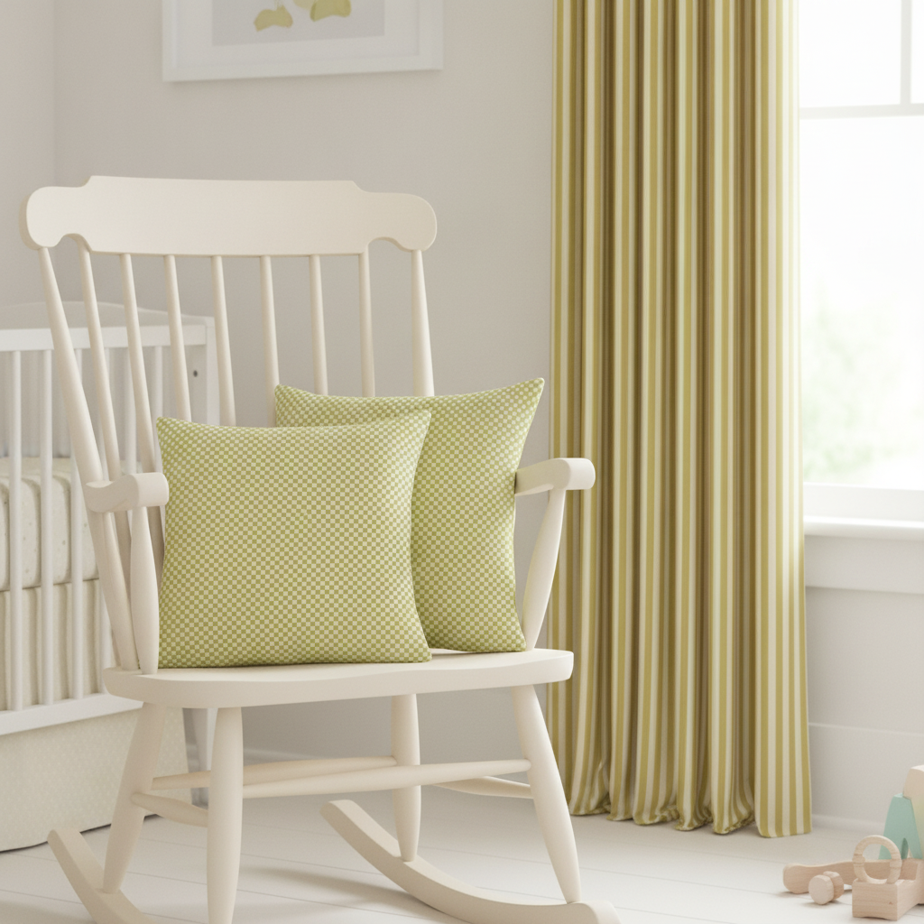 A cream-upholstered rocking chair in a nursery, with two throw cushions: one in Classic Check in Sickly Chartreuse on Warm Oat Cream fabric and another in Warm Oat Cream Solid Fabric. Adjacent to the chair, full-length curtains in Heritage Stripe in Mustard Regret on Soft Linen Cream fabric hang by a window.