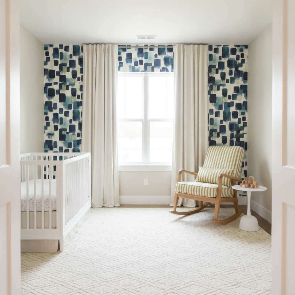 A serene, modern cream nursery room with a feature wall covered in Abstract Brushstroke Blocks in Navy Teal and Soft Cream wallpaper behind a wooden crib. The room includes a soft rug, a rocking chair with decorative cushions, and windows dressed with Heritage Stripe in Mustard Regret on Soft Linen Cream curtains, all under abundant natural light.
