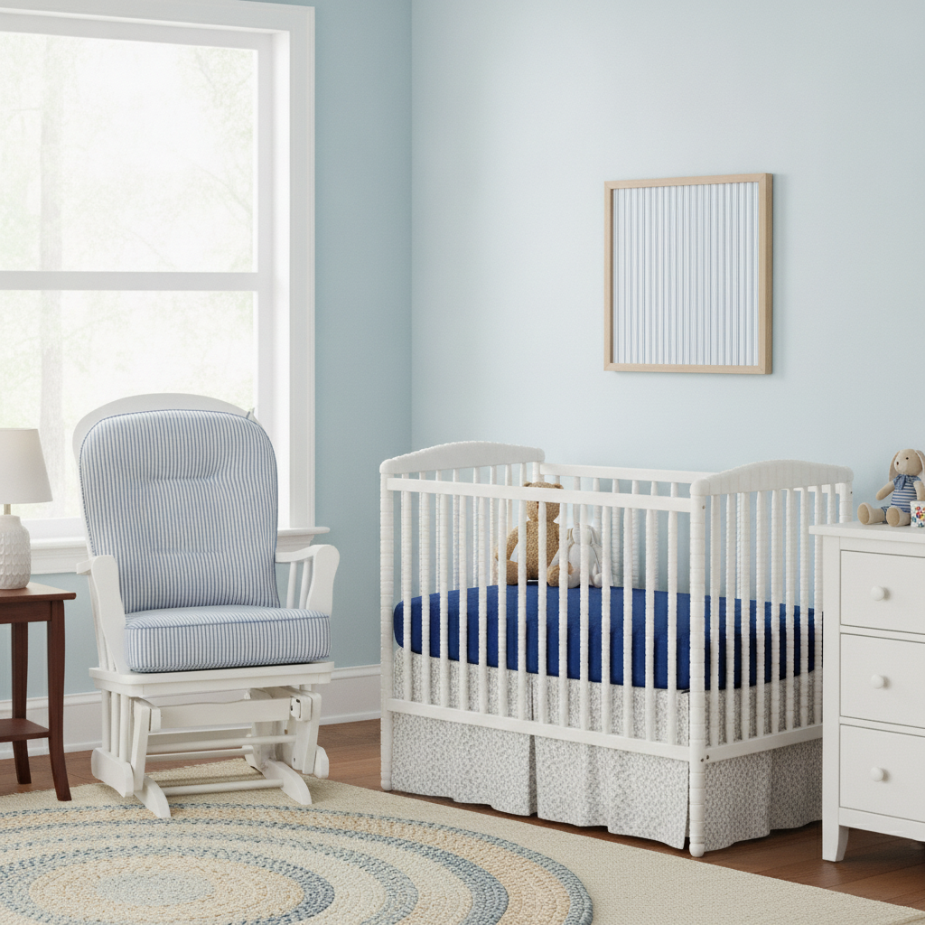 A traditional nursery featuring a white wooden crib with a dark blue fitted sheet, a light blue wall, a framed bold geometric fabric art piece above a white dresser, and a glider with a striped cushion.