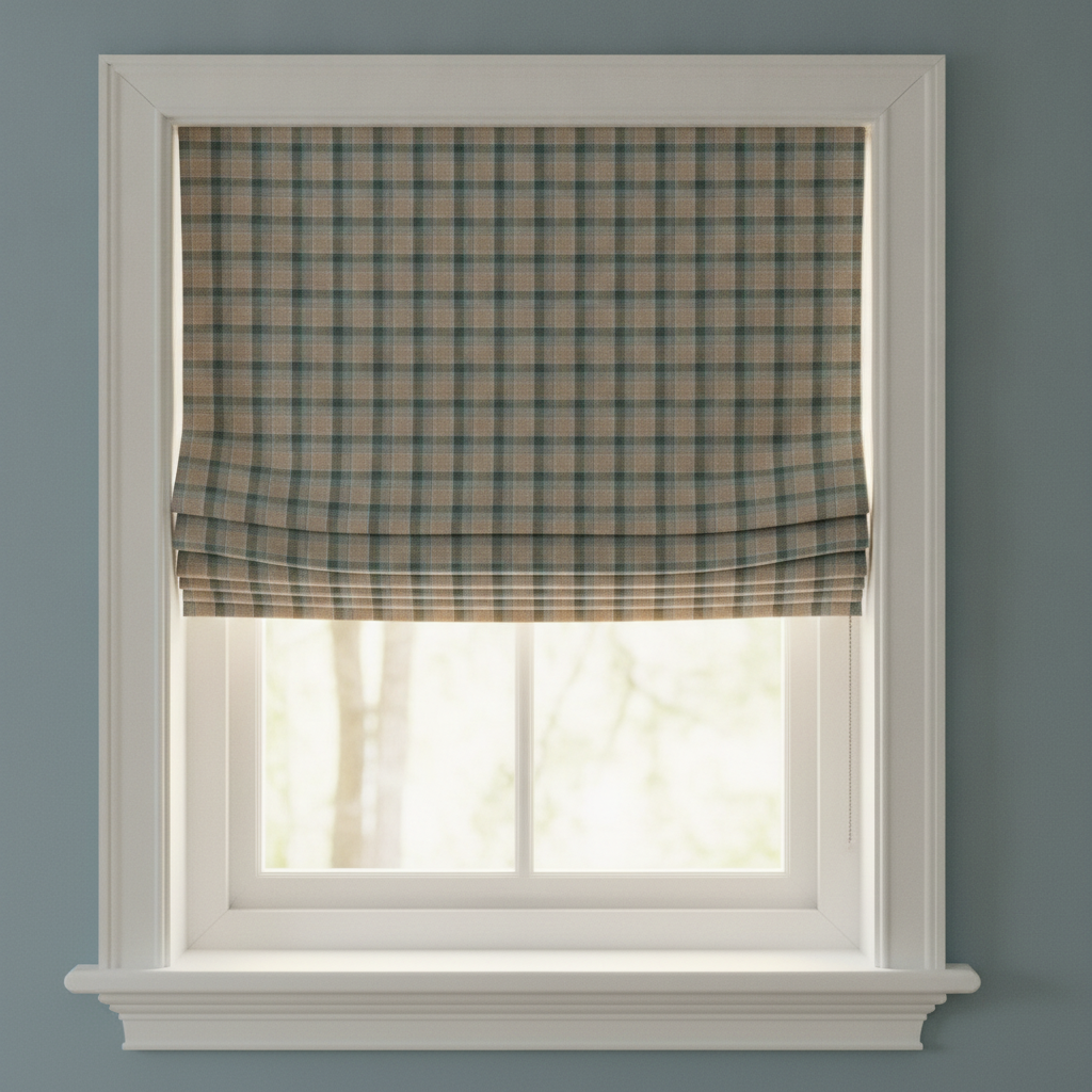 A detailed view of a nursery window with a Fraser Weathered Scottish tartan Roman blind, displaying its taupe, teal, and soft blue lines against a light blue wall with white trim.