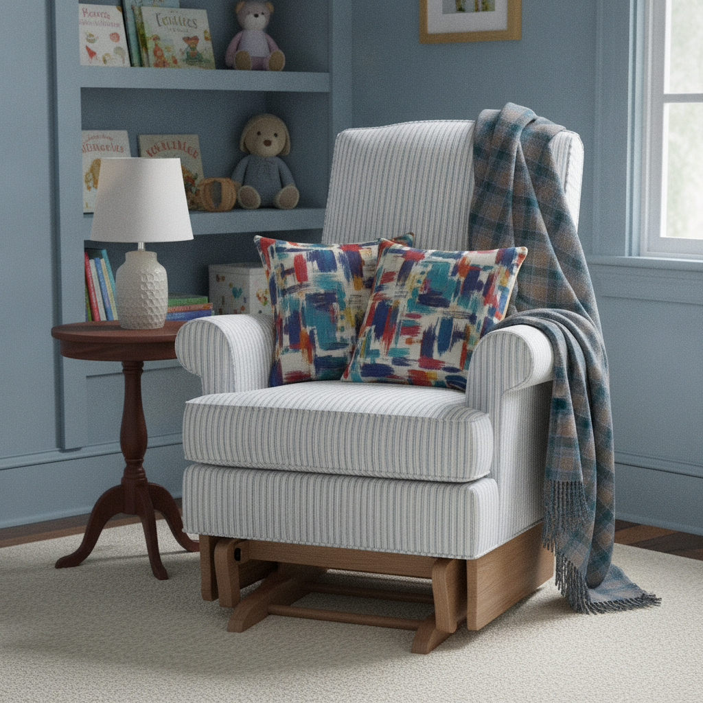 A nursery glider upholstered in a sky blue and white ticking stripe fabric, adorned with two vibrant Dashiki Fusion accent cushions and a Fraser Weathered Scottish tartan throw blanket.
