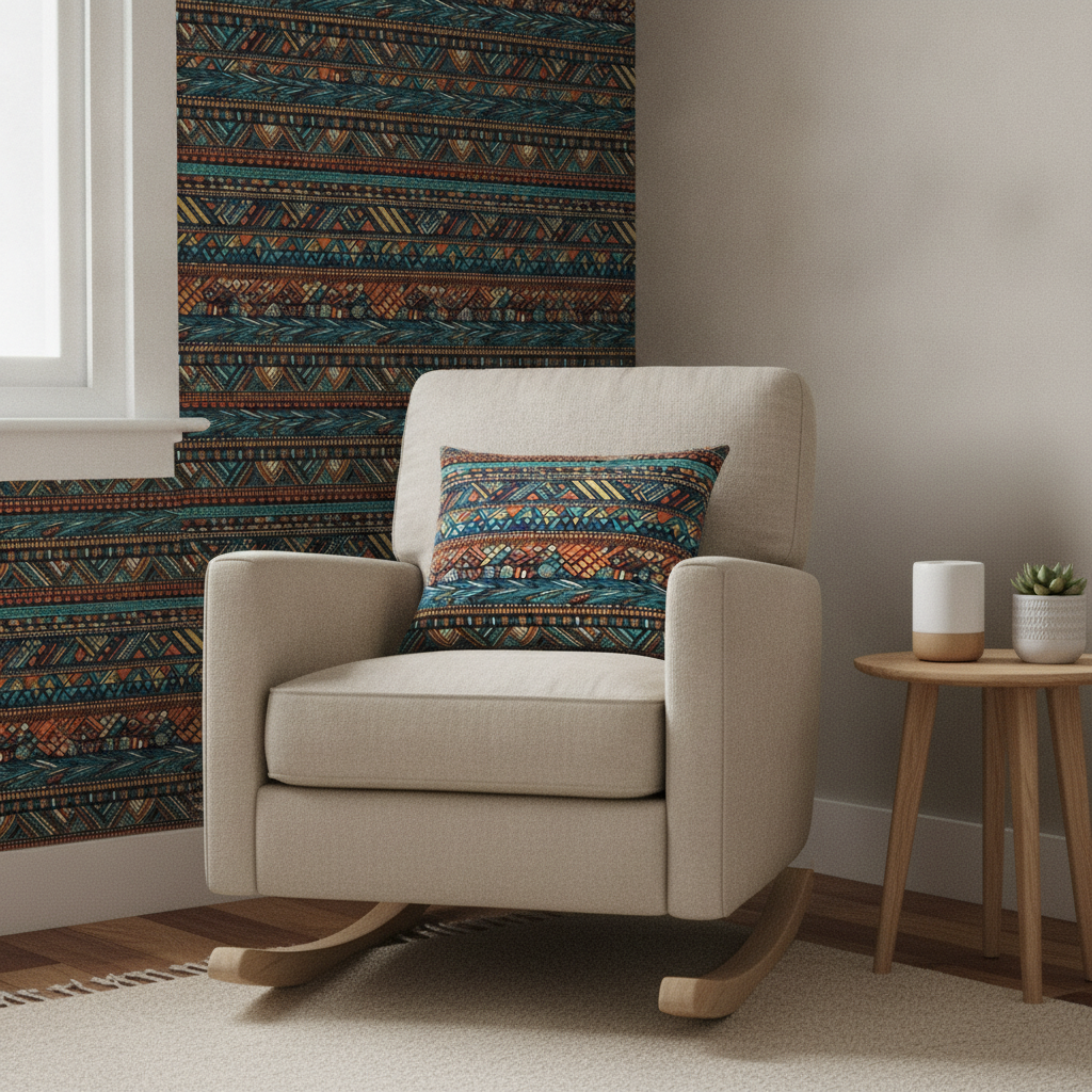 Nursery corner with 'Tribal Mudcloth Boho Ethnic Print' wallpaper, matching fabric cushion on a rocking chair, and neutral painted wall.