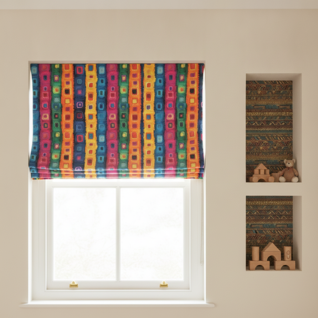 Nursery window with 'Dashiki Fusion Colorful Squares' Roman blind and a recessed shelf lined with 'Tribal Mudcloth Boho Ethnic Print in Gold Teal Brown and Orange' wallpaper.