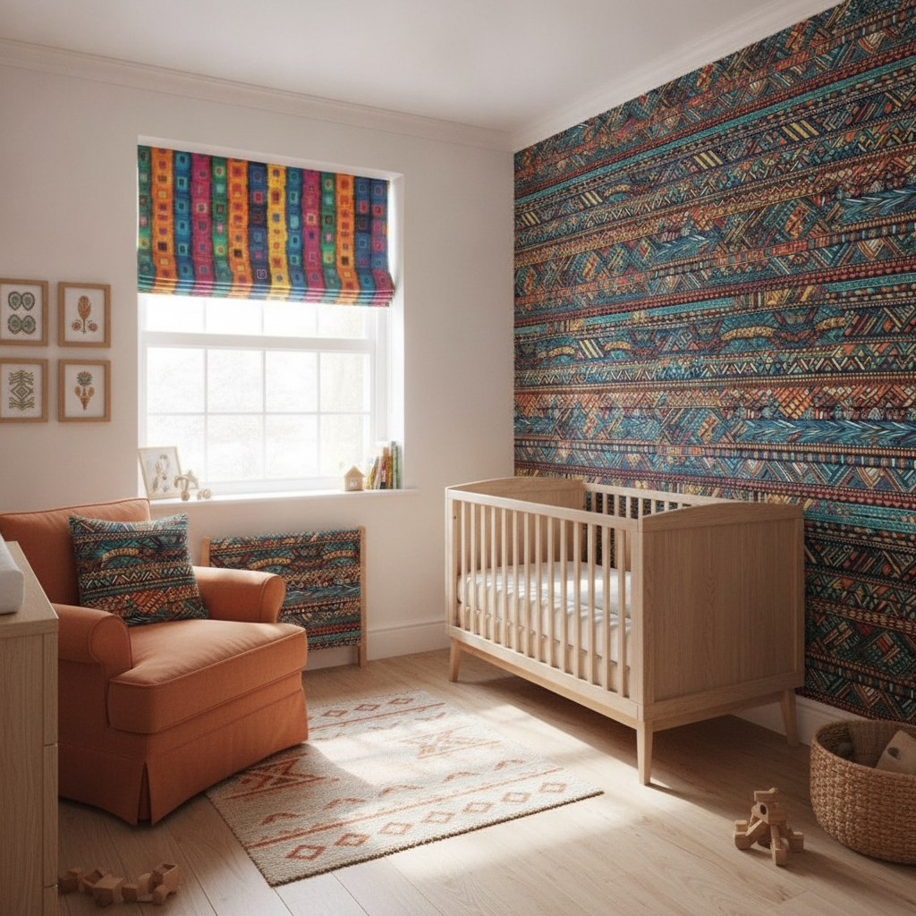 A cheerful tribal orange nursery with a wallpapered accent wall, patterned window blind, and natural wood baby furniture.