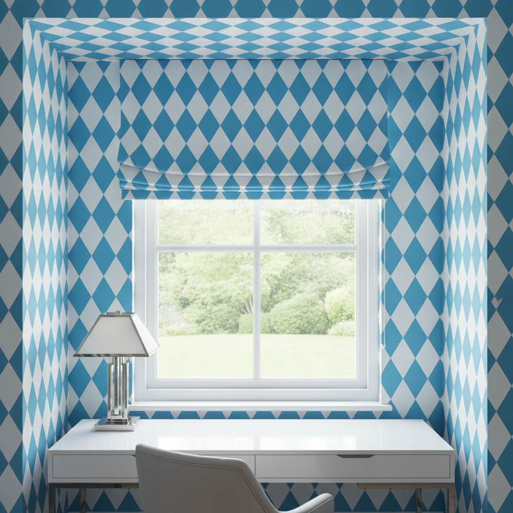 An Art Deco home office alcove, wallpapered in a large blue and white diagonal diamond pattern. Matching Roman blinds cover the window, and a white desk with a polished nickel lamp sits below.