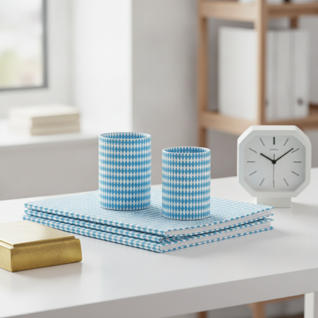 Detail shot of a white desk with Art Deco-style folders and a pen pot covered in a small blue and white diagonal diamond fabric. An aged brass paperweight and a white clock complete the vignette.