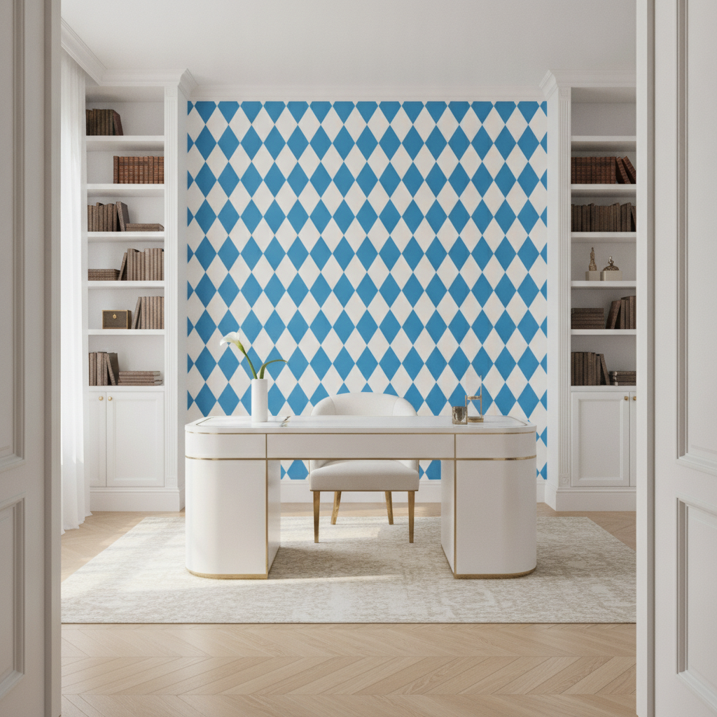 Wide shot of a bright, white Art Deco home office. A desk and chair are in the foreground, and a feature wall with a large blue and white diagonal diamond wallpaper is visible in the background.
