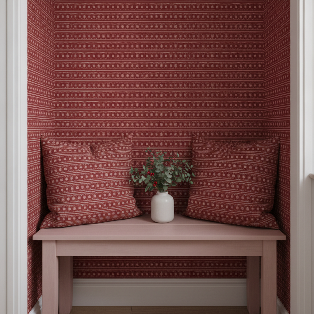 A hallway alcove decorated for winter, featuring a wallpaper with red and white geometric snowflake stripes. Inside the alcove is a soft pink wooden bench with two cushions made from the matching snowflake striped fabric. A small vase with winter greenery sits on the bench.