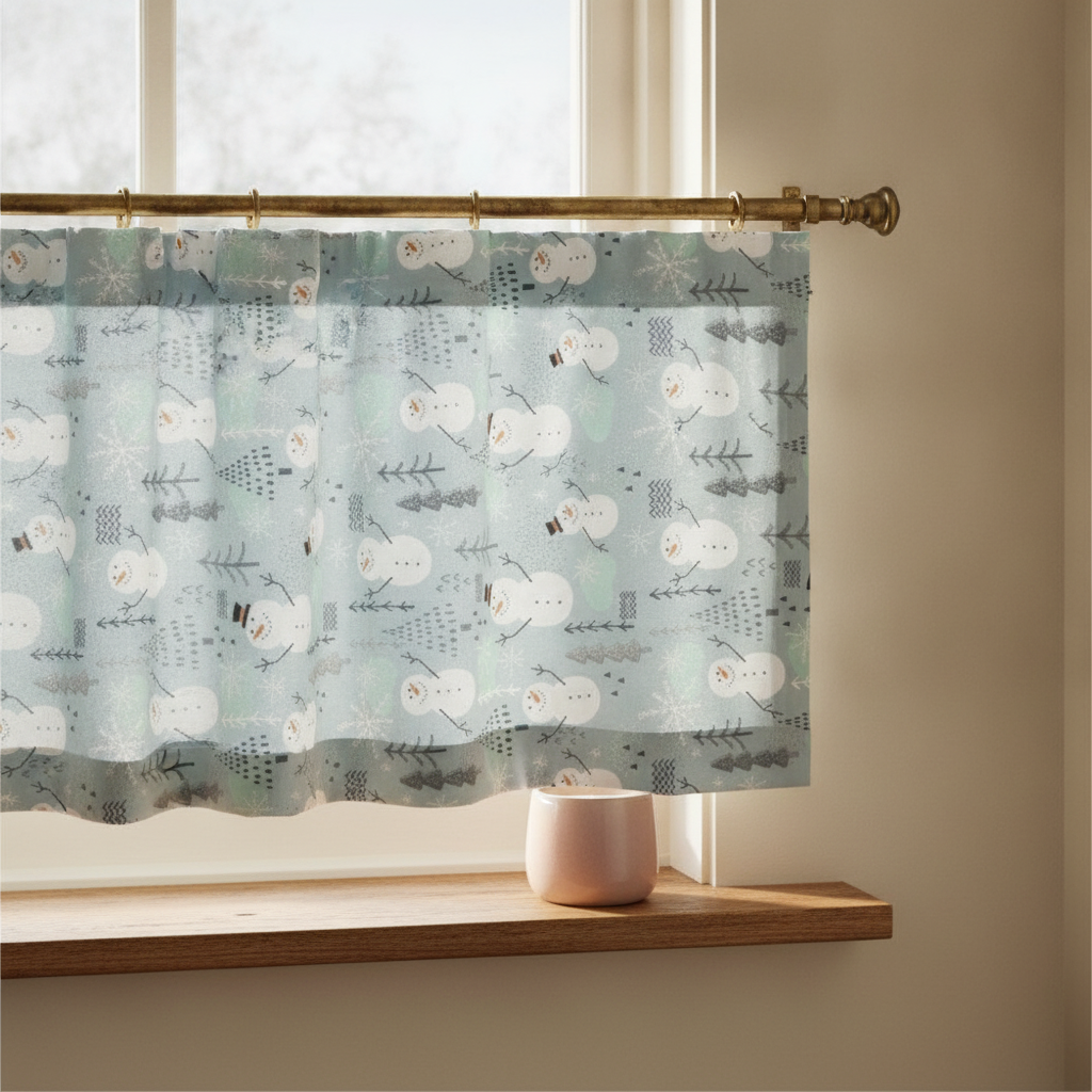 A close-up of a window in a cottagecore hallway, showing a cafe curtain made from a fabric depicting white snowmen, Christmas trees, and snowflakes on an icy mint blue background. The curtain is gathered on an aged brass rod, and a small, delicate soft pink ceramic votive sits on the windowsill.