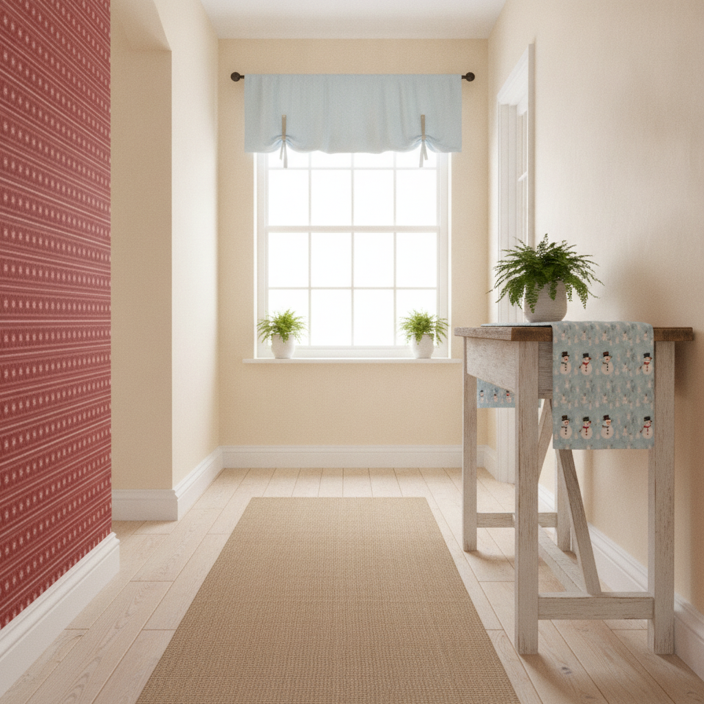 A full view of a cottagecore-style hallway decorated for snowflake season. On the left, an alcove is wallpapered with dark red and white snowflake stripes, featuring a soft pink bench. On the right, a console table is adorned with an icy blue sparkling fabric runner. At the far end, a window is dressed with a snowman-patterned cafe curtain. The walls are a warm off-white, and the space is filled with soft daylight.